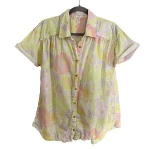 Free People Floral Button Down Shirt Lime Green Peach XS Spring Beach Vacation